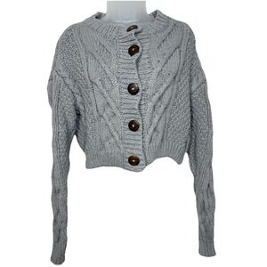 Free People Bonfire Cable Cardigan Large Gray Cropped Chunky Knit Cottagecore